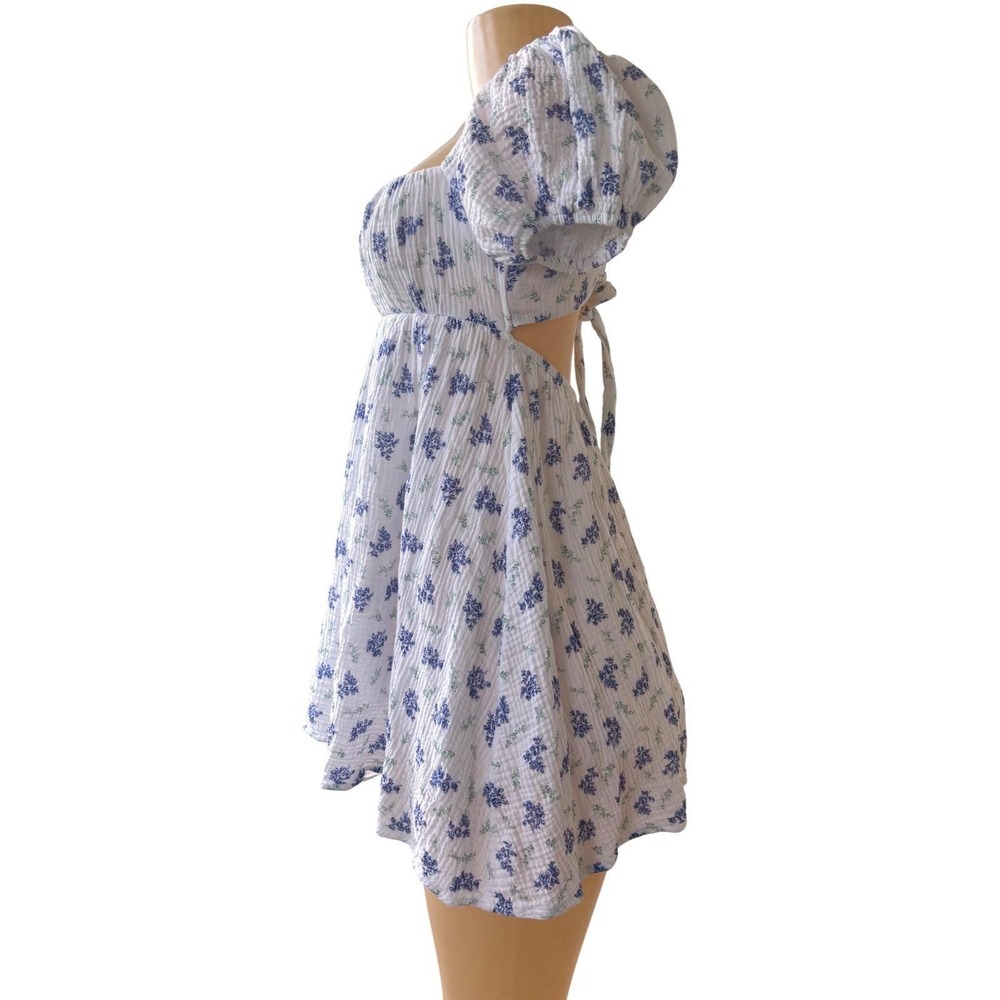 PRINCESS POLLY White Blue Floral Puff Sleeve Open Back Mini Dress Women's Sz XS - Picture 5 of 10